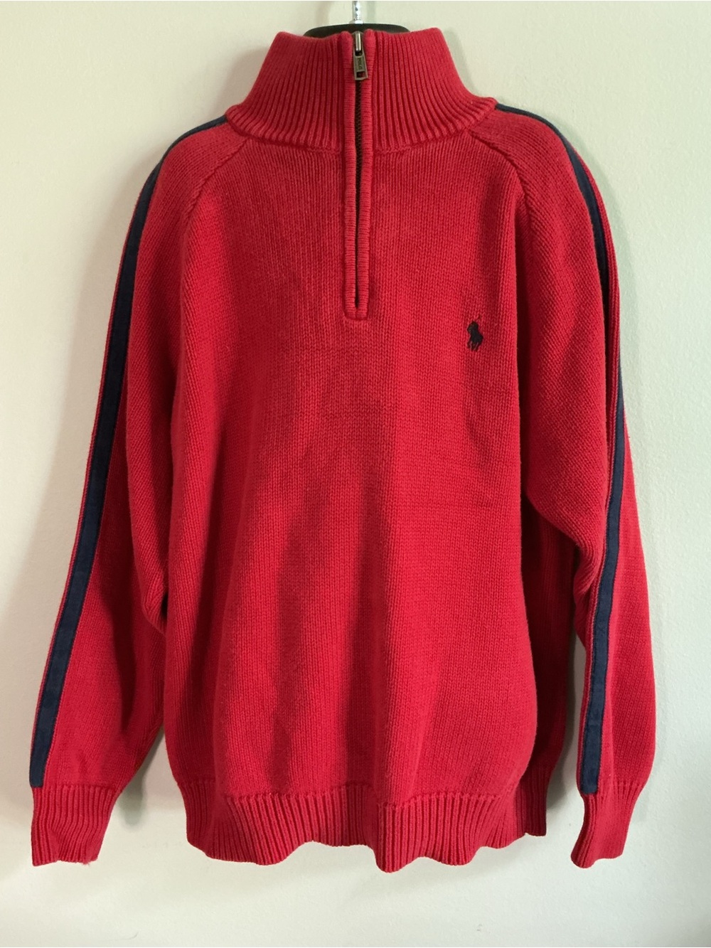 Polo by Ralph Lauren Red Half-Zip Sweater with Navy Shoulder Stripes
